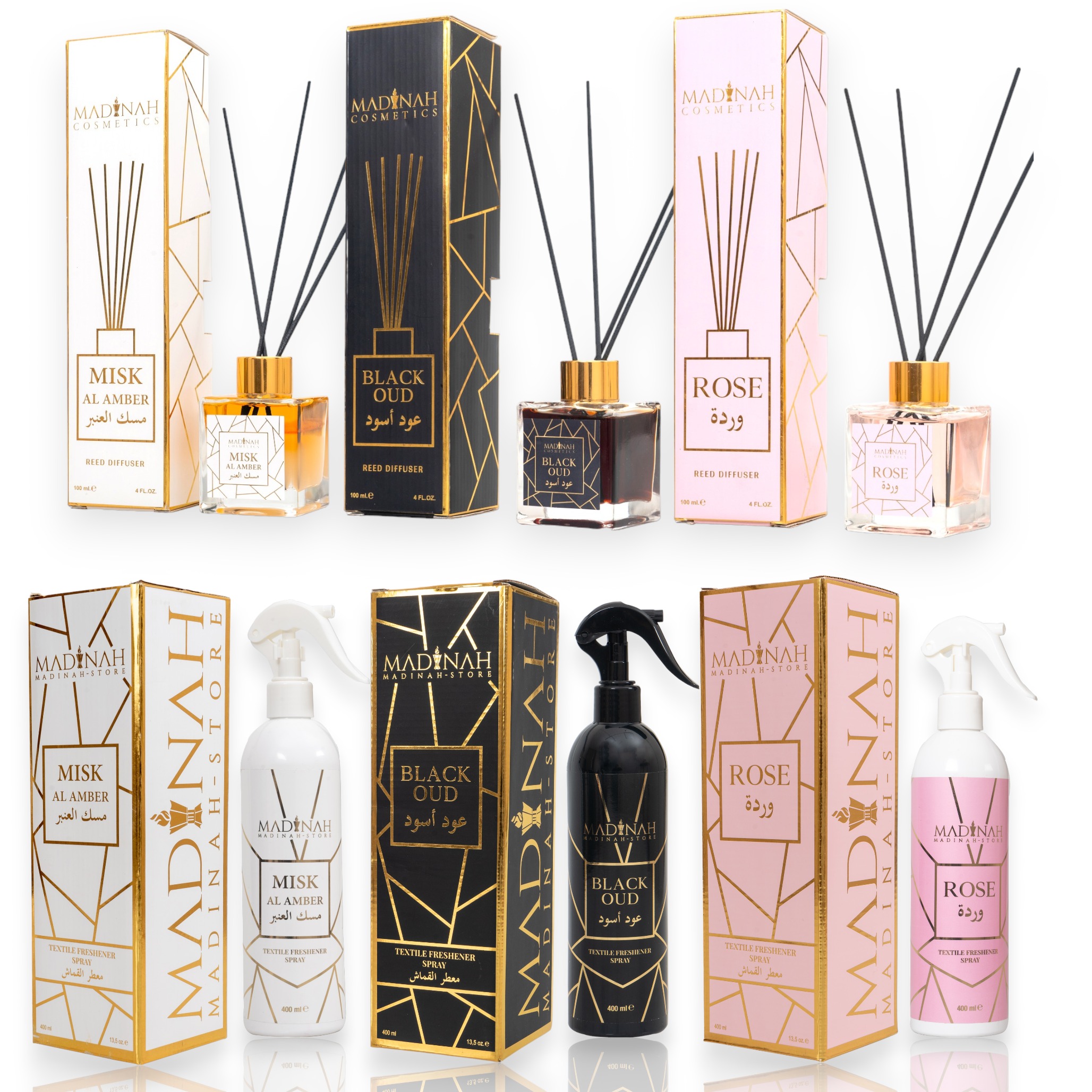 6er Set Textilerfrischer & Duftstäbchen - Misk Al Amber + Black Oud + Rose